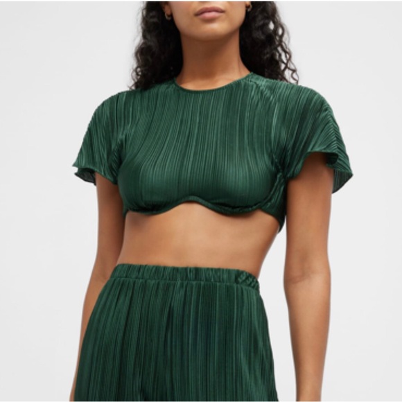NWT Onia Plisse Underwire Short Sleeve Crop Top Dark Forest Green Keyhole Back M - Picture 1 of 7